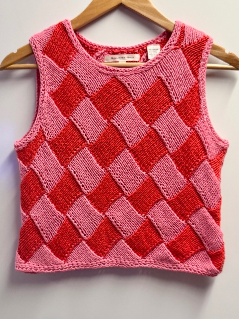 Ballinger Gold Cropped Knit Sweater Vest Tank Top Pink Red Cotton Linen Ramie S